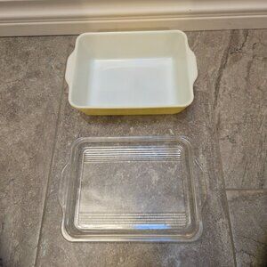 Pyrex Primary Yellow 503-B Refrigerator Dish 503-C Clear Ribbed Lid Handles
